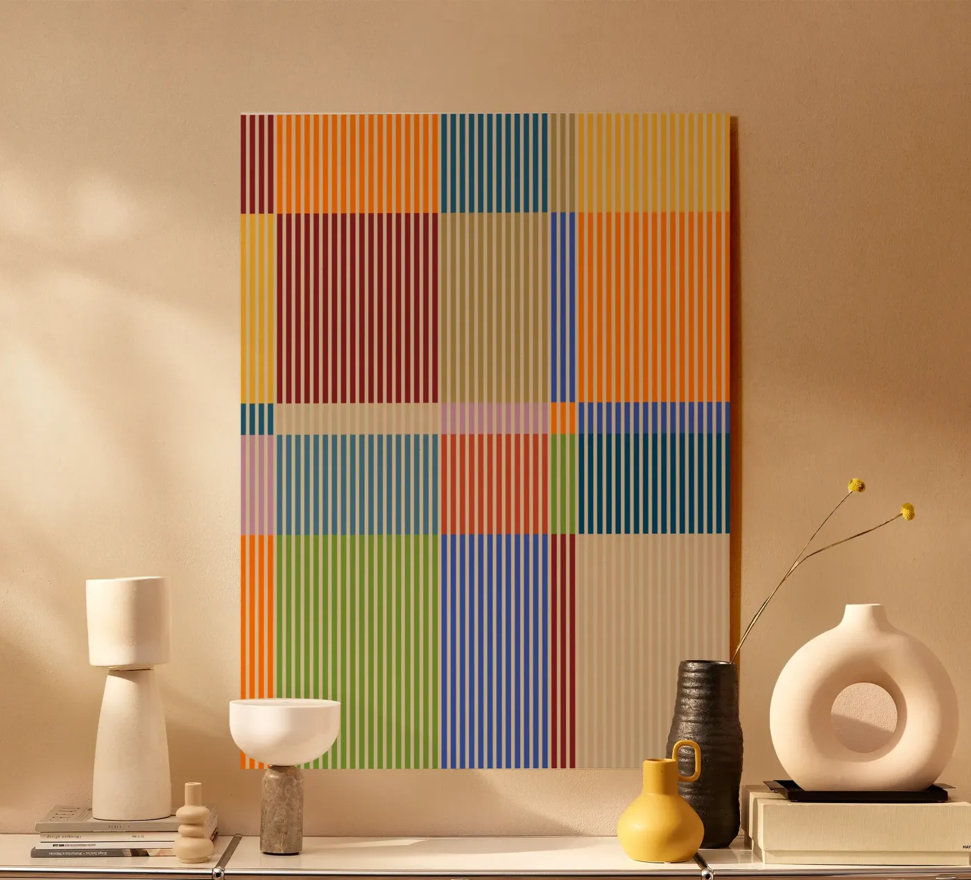 Colourful linear Bauhaus Patchwork lines Pattern 1 acrylic glass by Dominique Vari Abstract