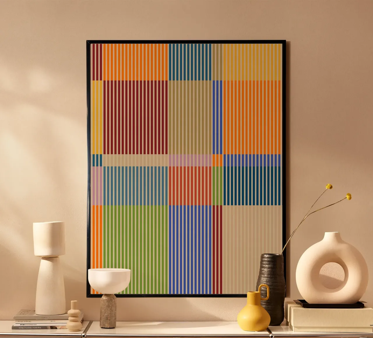 Colourful linear Bauhaus Patchwork lines Pattern 1 hahnemühle by Dominique Vari Abstract