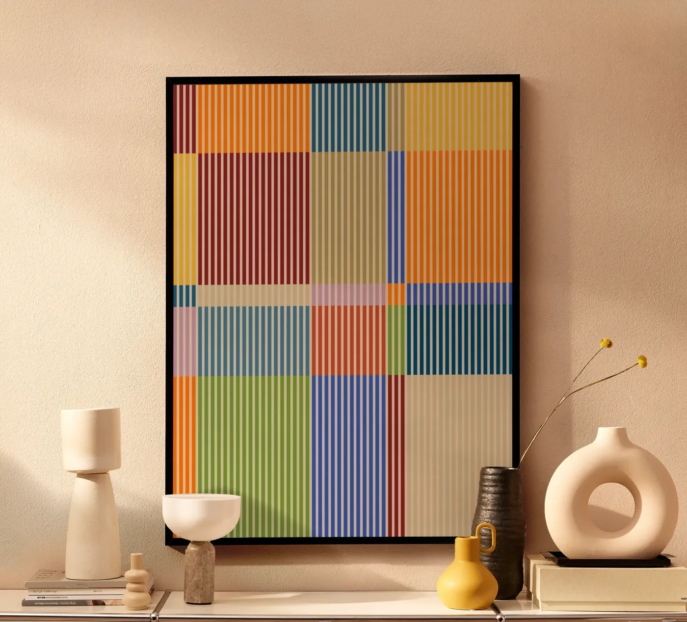 Colourful linear Bauhaus Patchwork lines Pattern 1 poster by Dominique Vari Abstract