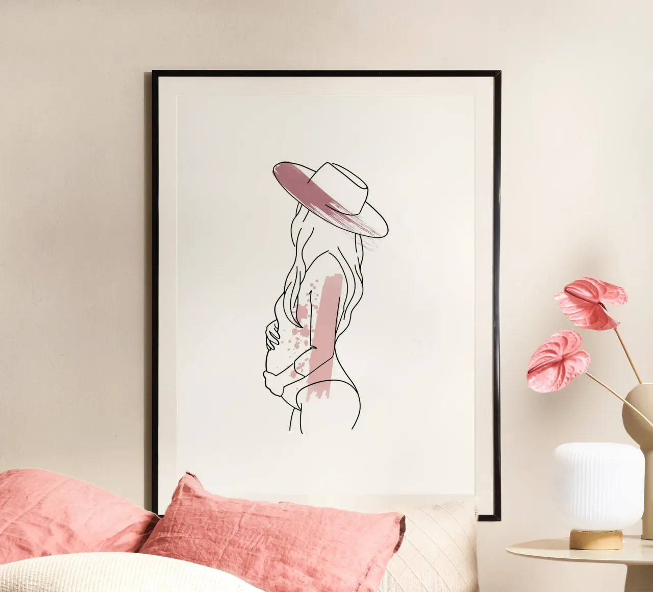bella donna incinta stile line art poster con telaio in alluminio da ArtDesign by KBK