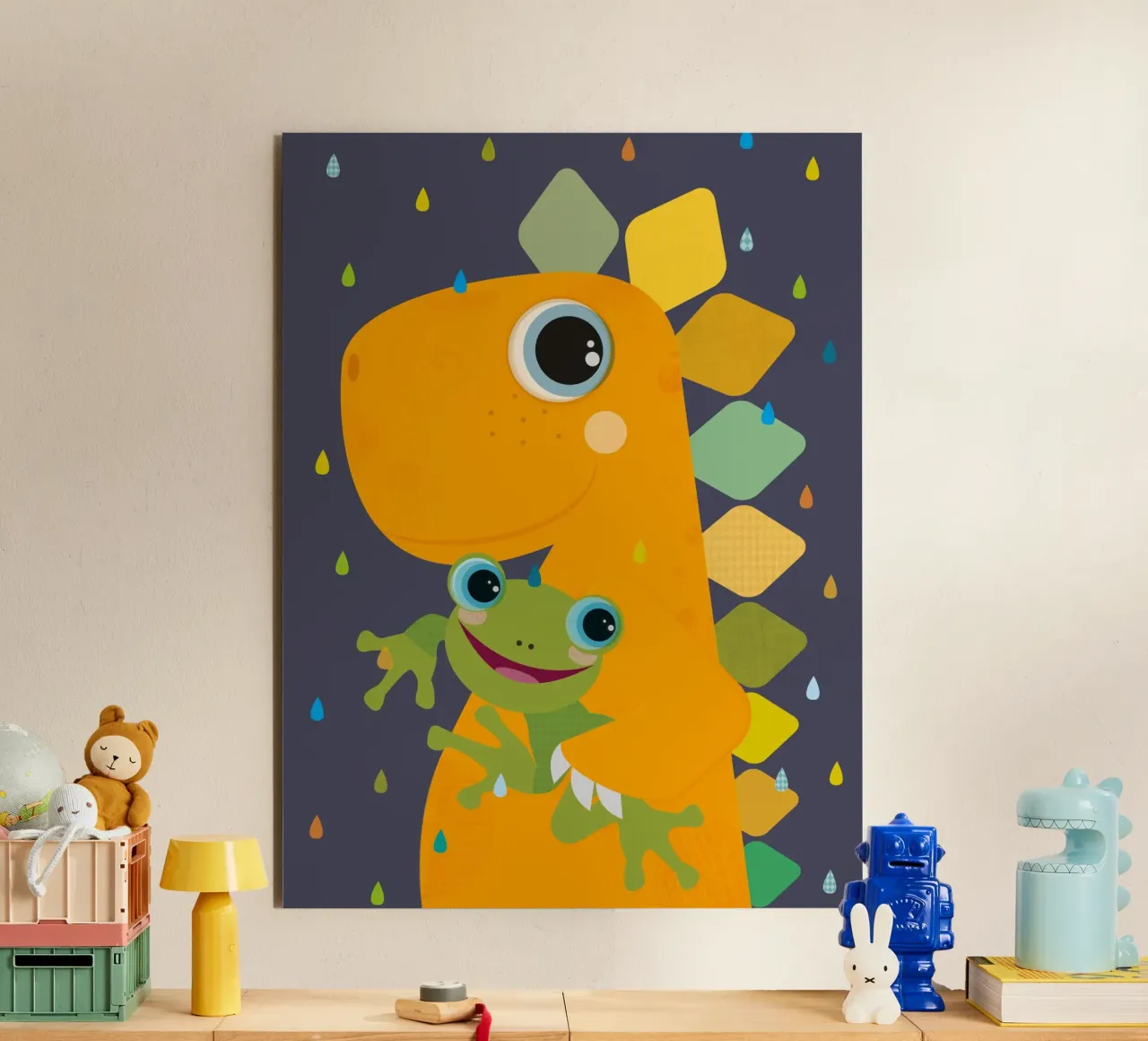 Simpatico dinosauro arancione con rana alluminio dibond da JaySan Studio