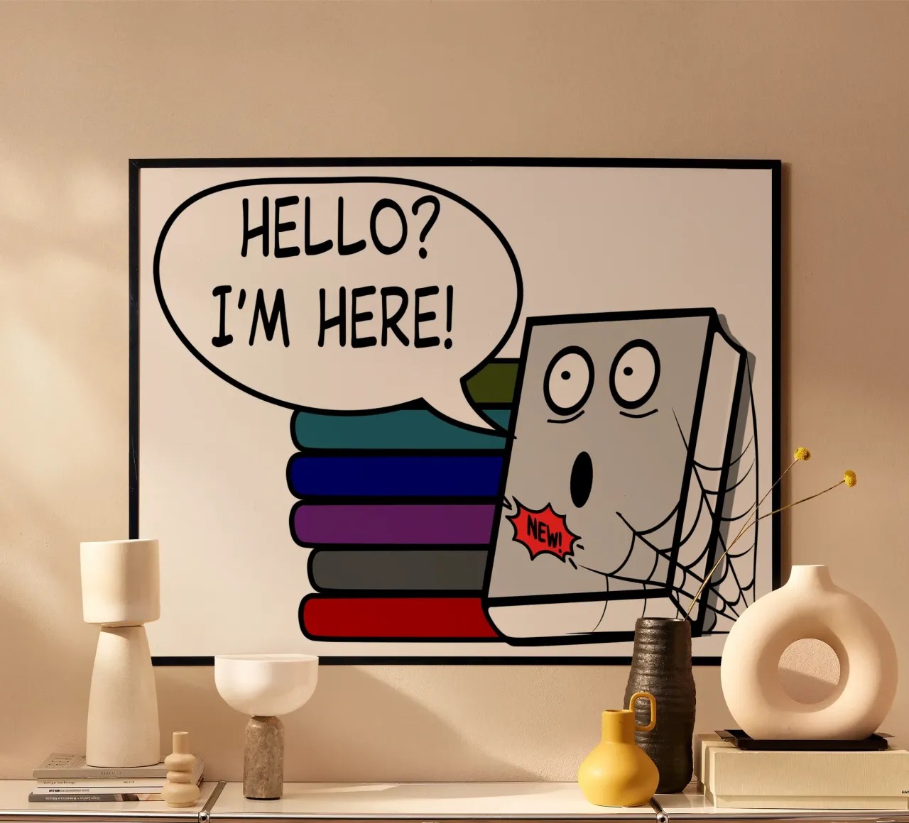 Libro divertente da leggere Cartone animato del verme del libro poster con telaio in alluminio da sillyindustries
