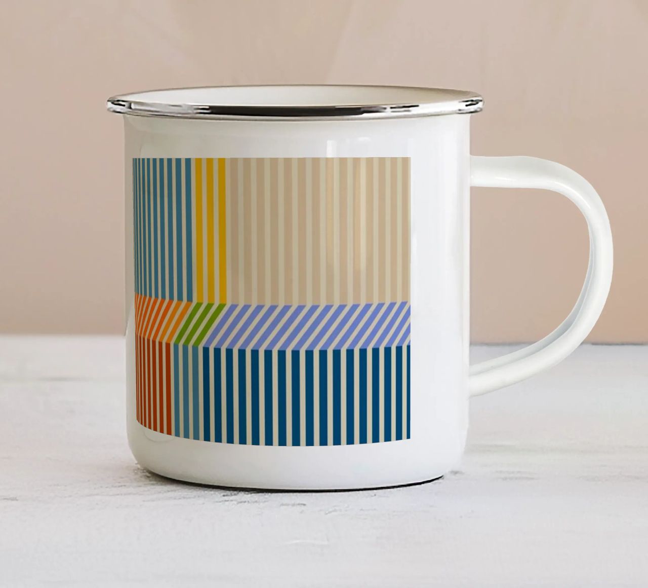 Bauhaus, motivo a strisce lineari 3D colorate 2 tazza in smalto da Dominique Vari Abstract