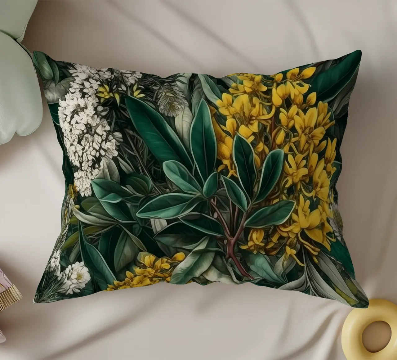 Fiori e foglie botaniche cuscino da Justyna Jaszke JBJart