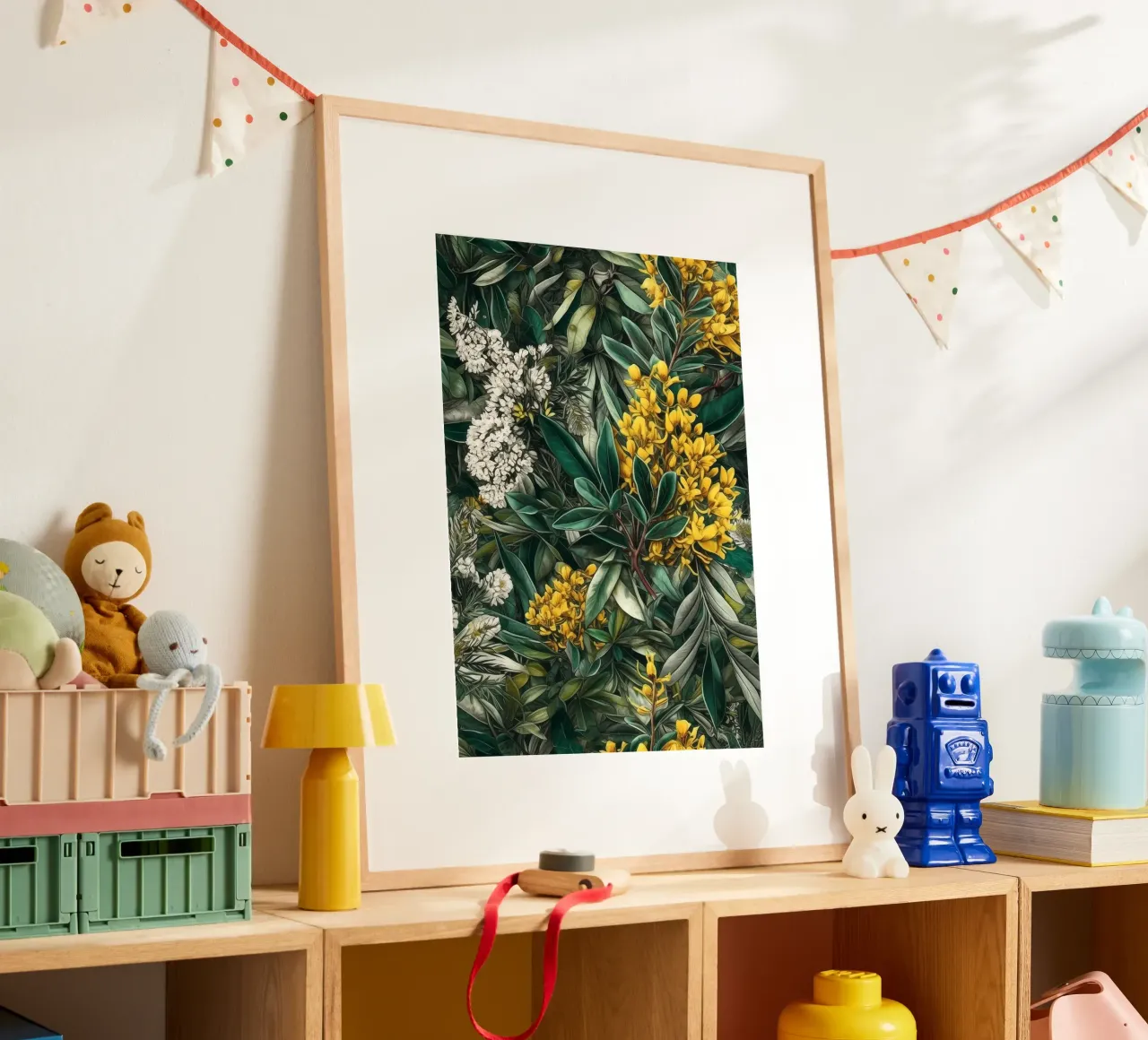 Fiori e foglie botaniche poster con telaio in legno da Justyna Jaszke JBJart