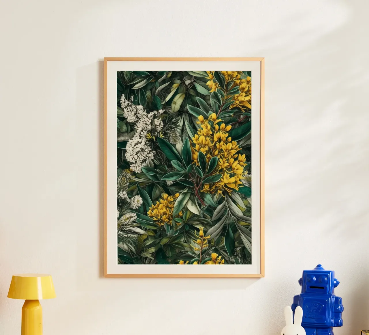 Fiori e foglie botaniche poster con telaio in legno da Justyna Jaszke JBJart