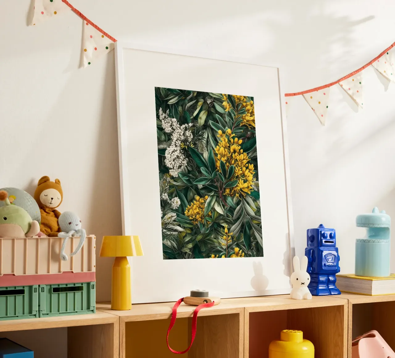 Fiori e foglie botaniche poster con telaio in legno da Justyna Jaszke JBJart