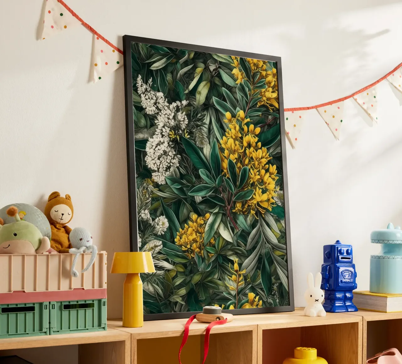 Fiori e foglie botaniche poster con telaio in legno da Justyna Jaszke JBJart