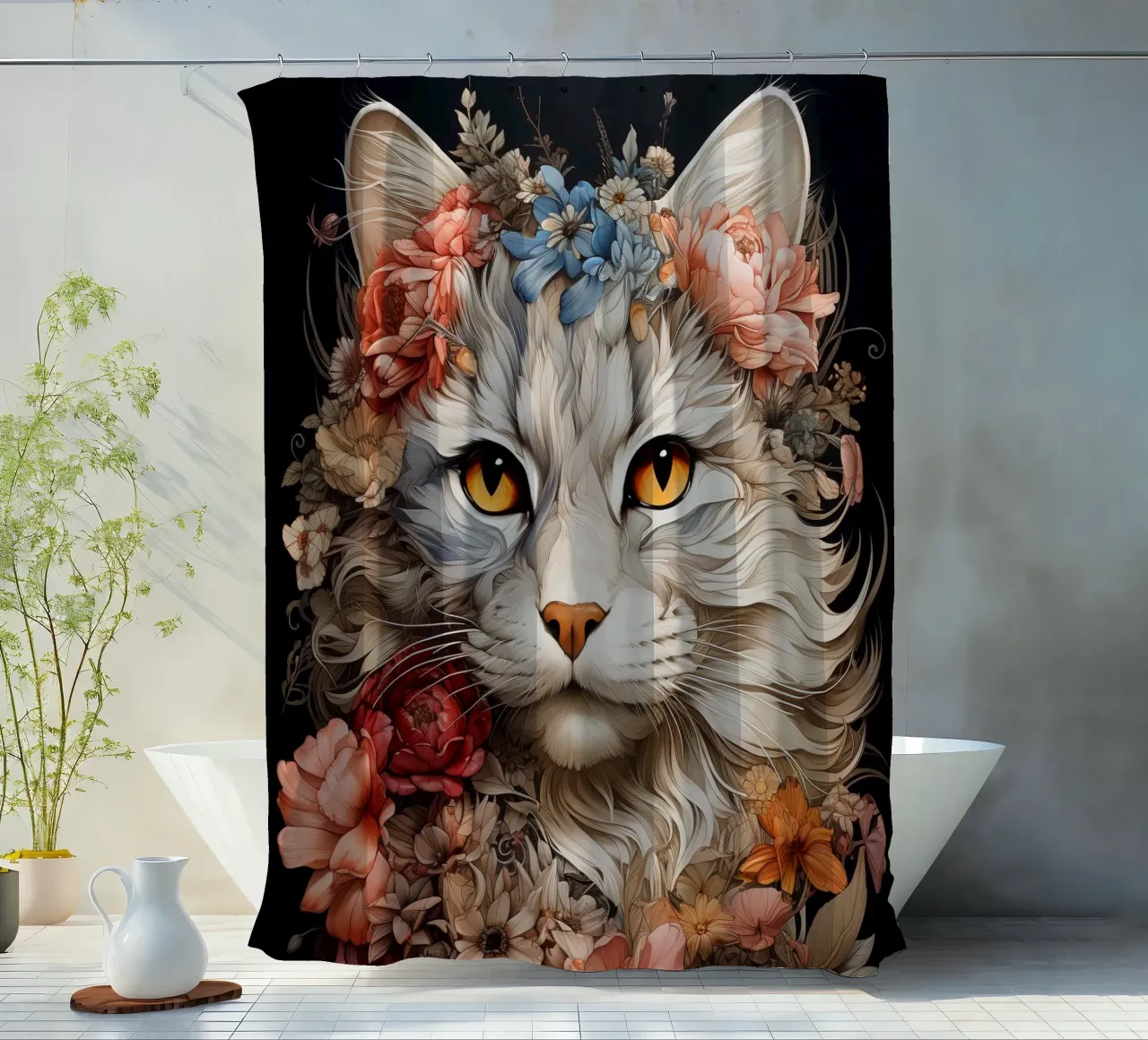 Cat Flowers shower curtain by Mateo
