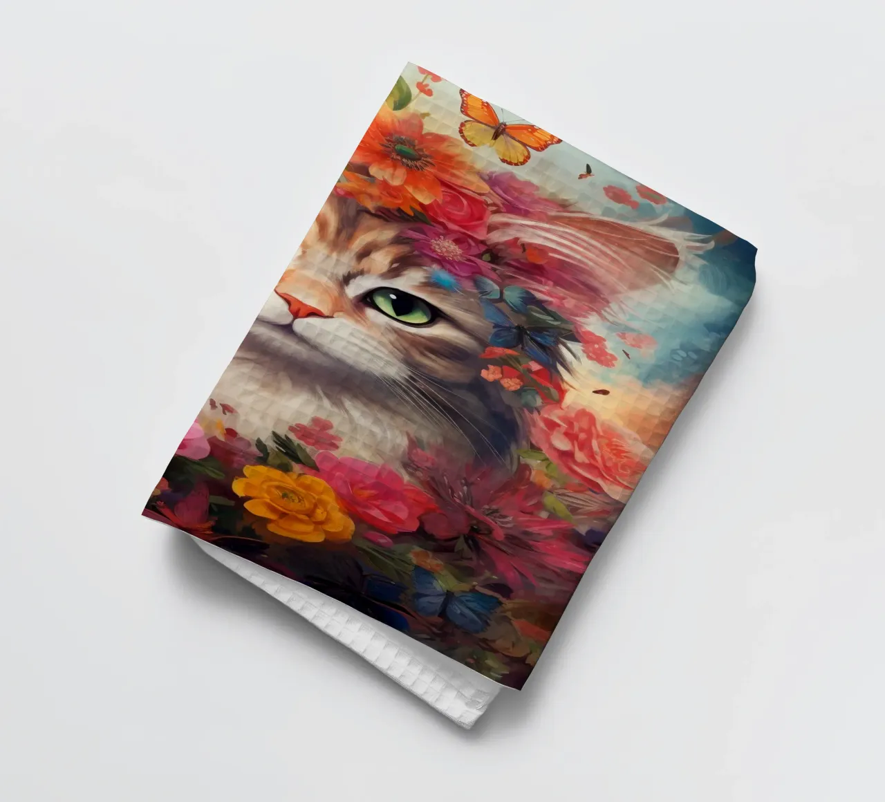 Cat Flowers 2 tea towel by Mateo