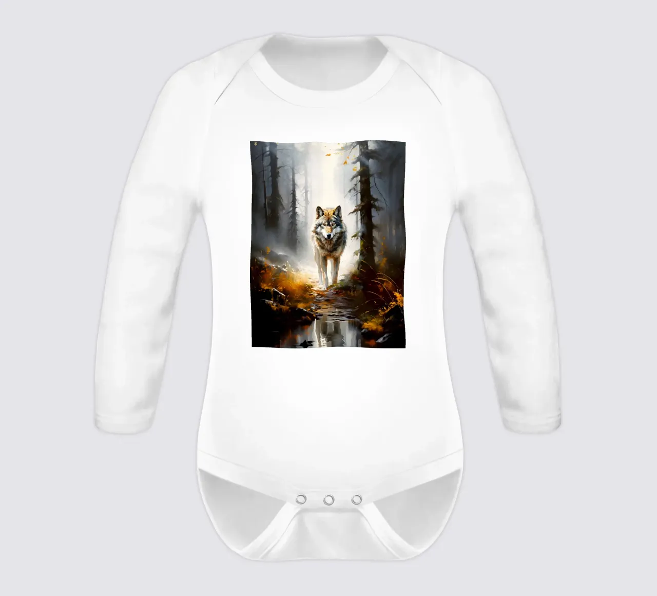 Wolf Forest long-sleeve baby romper by Mateo