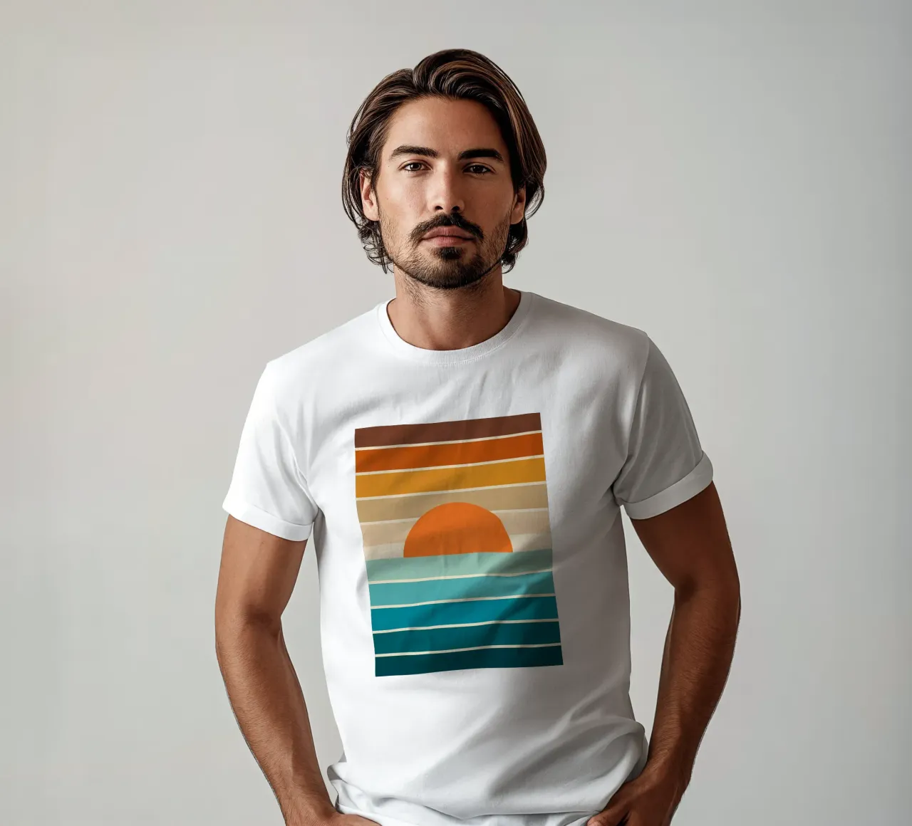 Mid Mod Minimal Rainbow Stripe Sunset - Neutri terrosi in verde scuro t-shirt da Dominique Vari Abstract