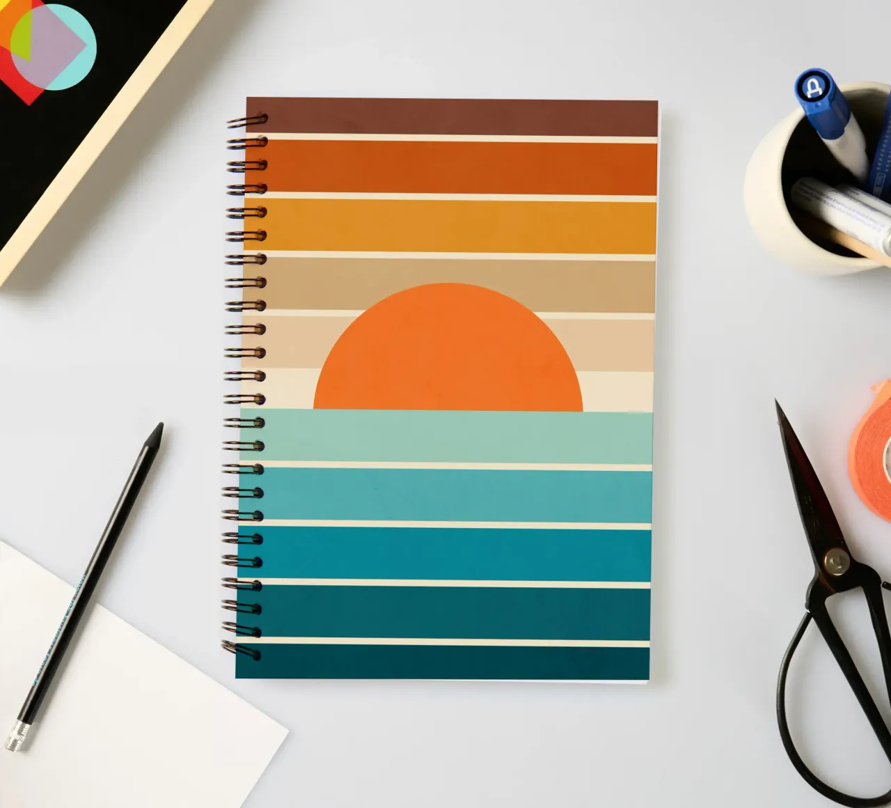 Mid Mod Minimal Rainbow Stripe Sunset • Earthy neutrals teal spiral notebook by Dominique Vari Abstract