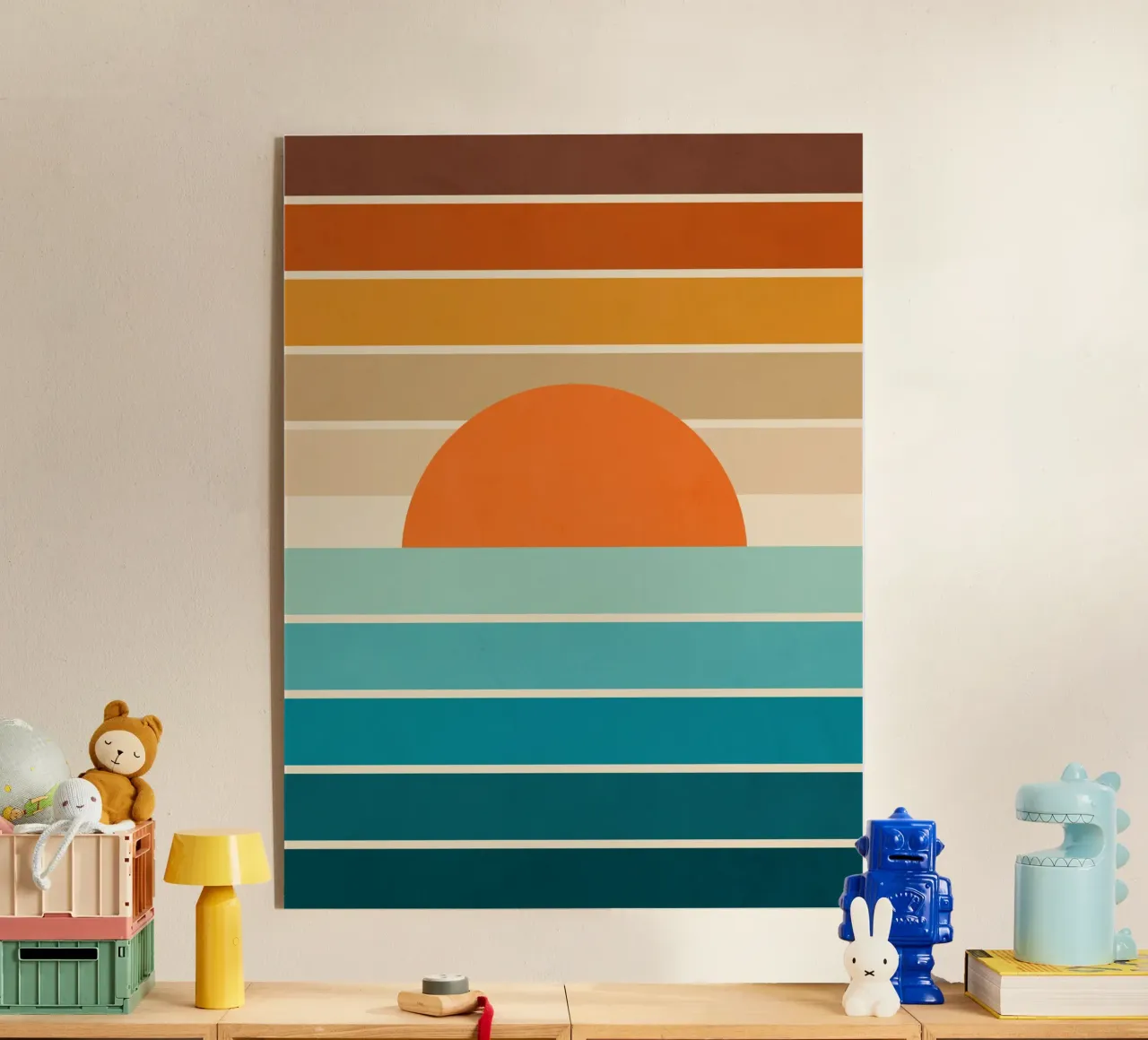 Mid Mod Minimal Rainbow Stripe Sunset • Earthy neutrals teal acrylic glass by Dominique Vari Abstract