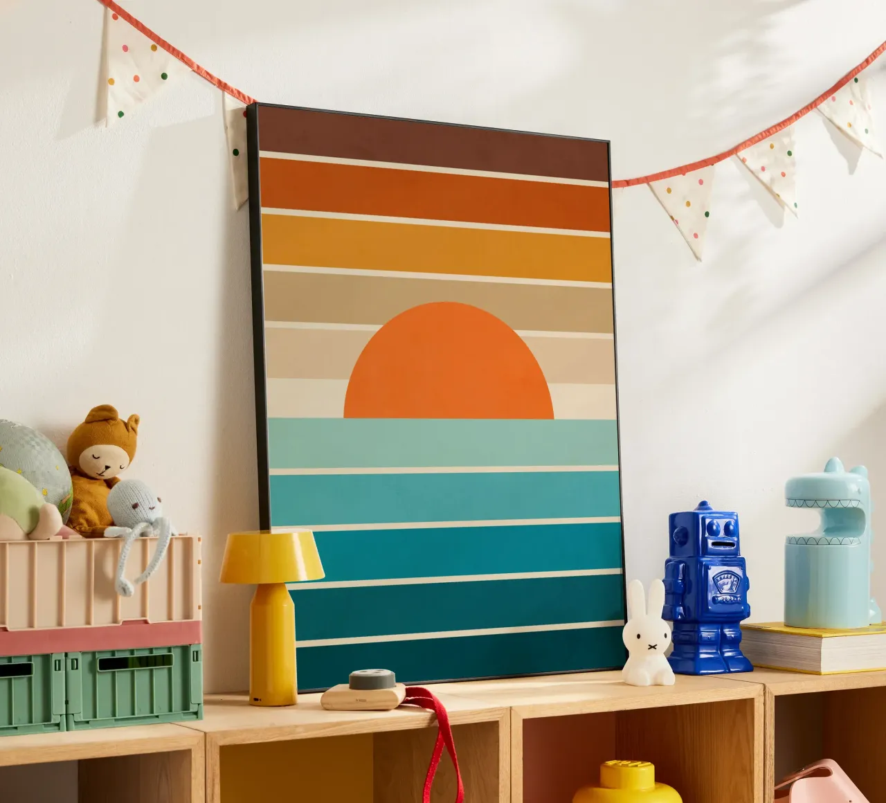 Mid Mod Minimal Rainbow Stripe Sunset - Neutri terrosi in verde scuro alluminio dibond da Dominique Vari Abstract
