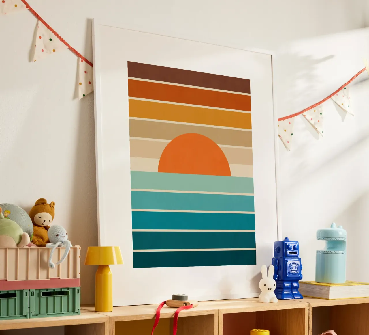Mid Mod Minimal Rainbow Stripe Sunset - Neutri terrosi in verde scuro carta hahnemühle da Dominique Vari Abstract
