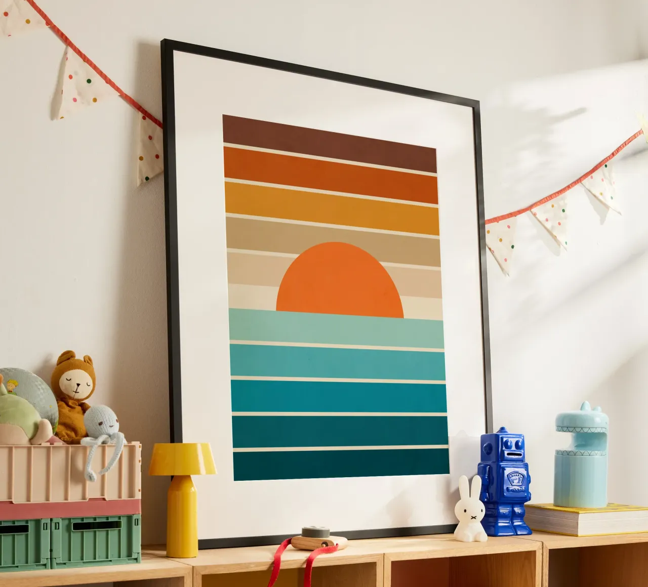 Mid Mod Minimal Rainbow Stripe Sunset - Neutri terrosi in verde scuro carta hahnemühle da Dominique Vari Abstract