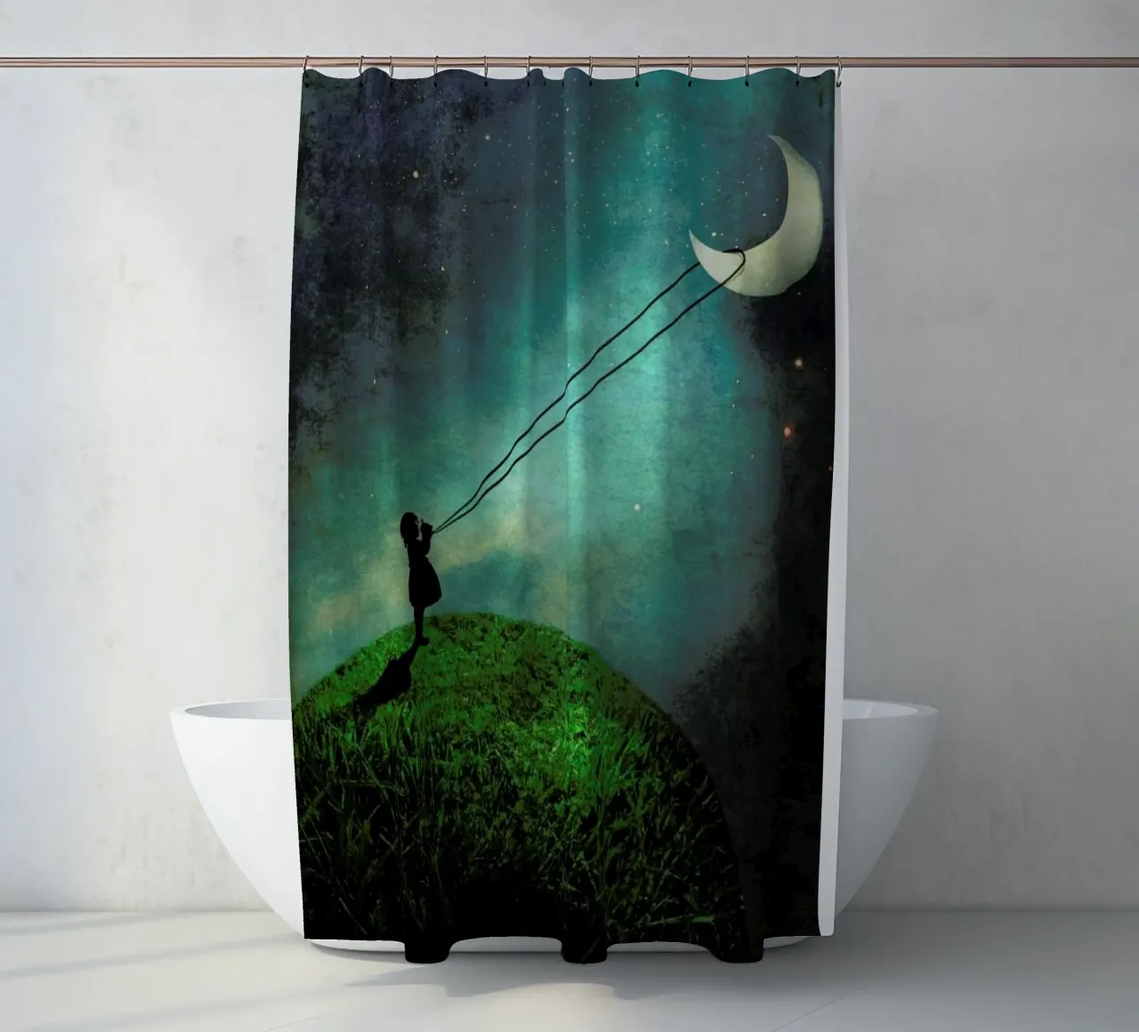 Chasing The Moon shower curtain by Catrin Welz-Stein