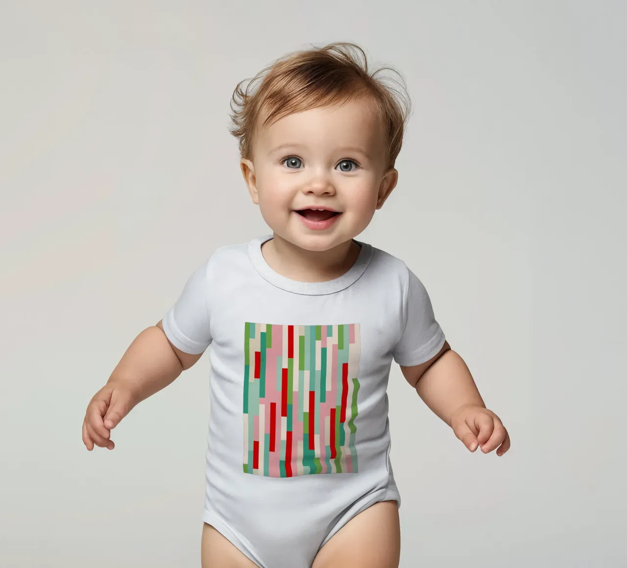 Retro Christmas Stripe Pattern • red green teal ivory short-sleeve baby romper by Dominique Vari Abstract