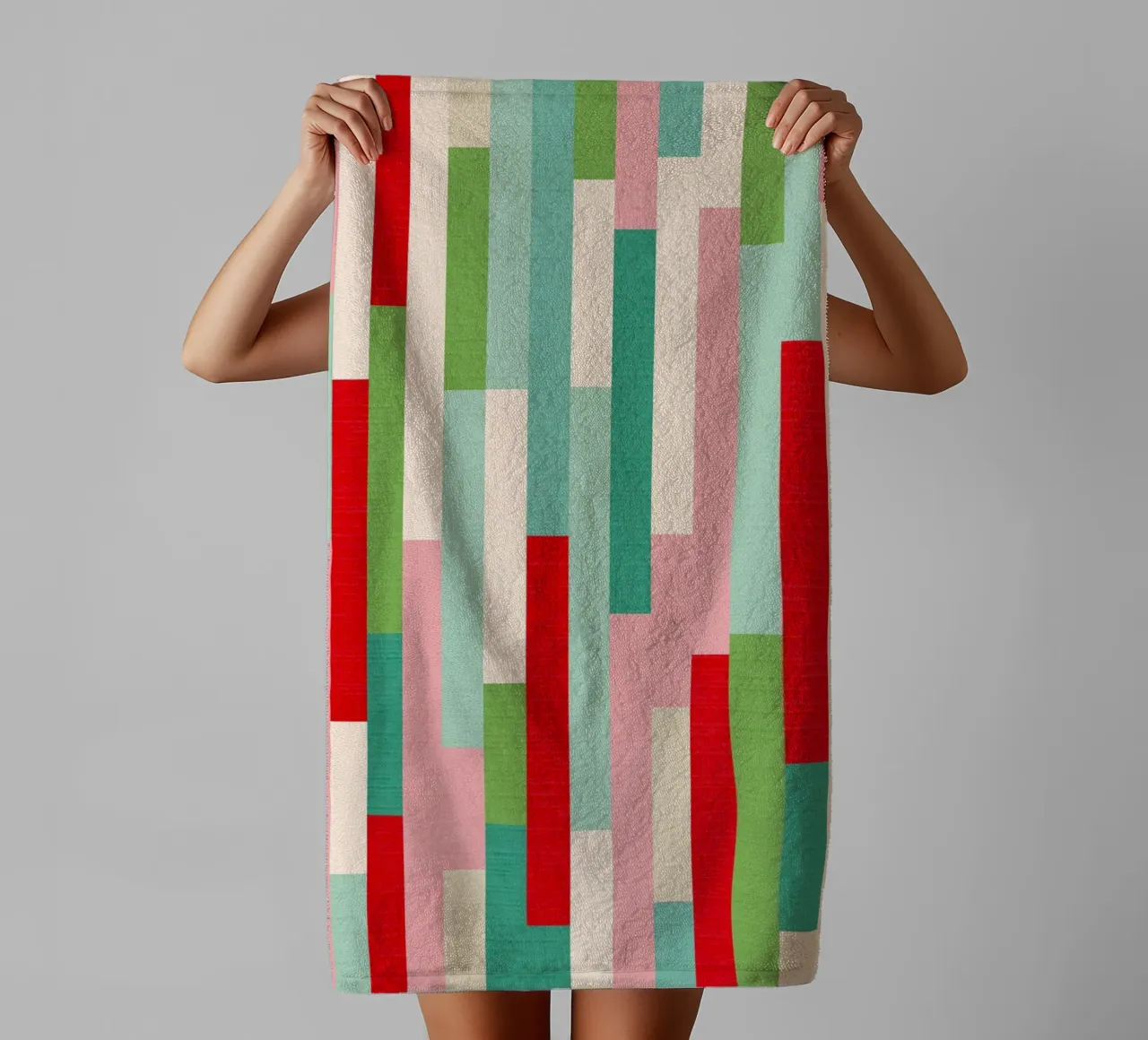 Retro Christmas Stripe Pattern • red green teal ivory towel by Dominique Vari Abstract