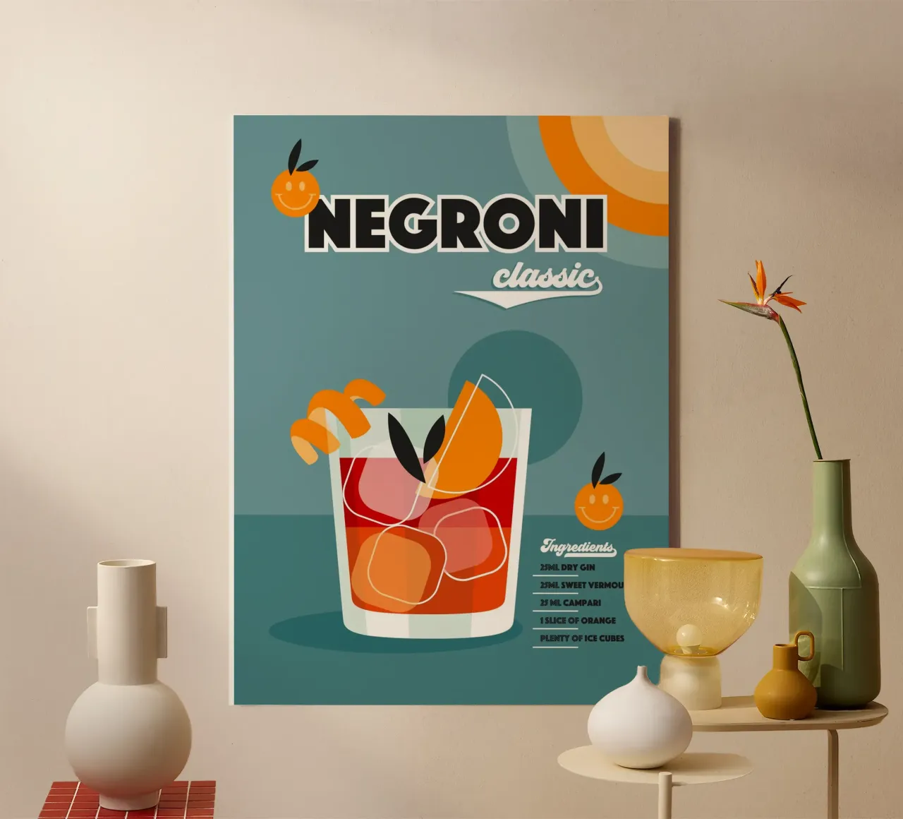 Retro Cocktail Negroni • Red & Blue tela con Cornice a cassetta da Dominique Vari