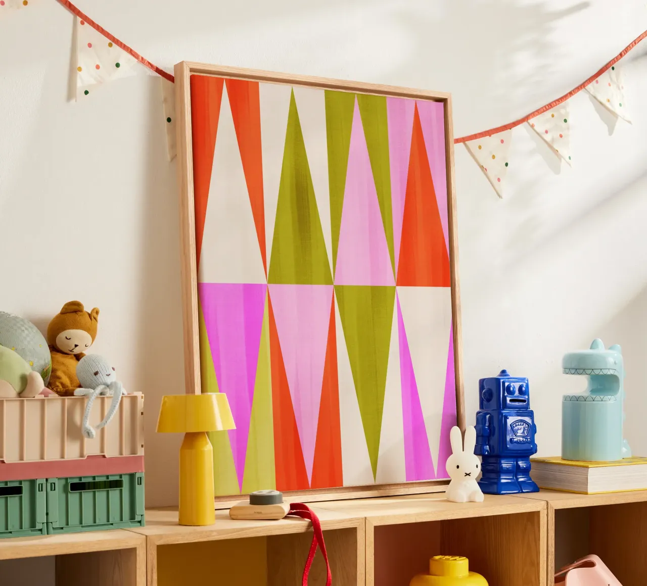 Vibrant Mid-Mod Diamond Pattern • Festive Pink Red Green canvas with Floater frame by Dominique Vari Abstract