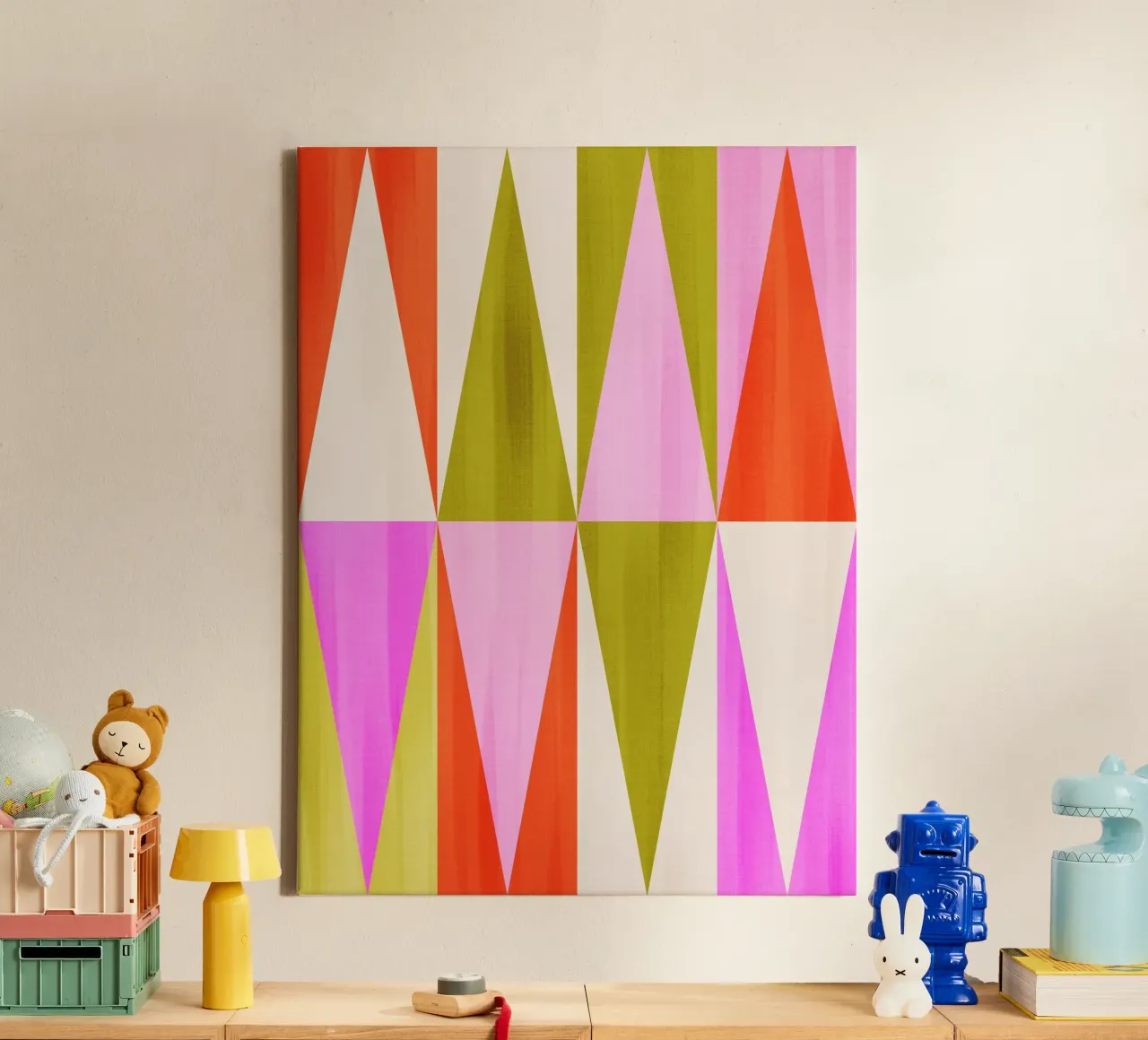Vibrant Mid-Mod Diamond Pattern • Festive Pink Red Green canvas with Floater frame by Dominique Vari Abstract