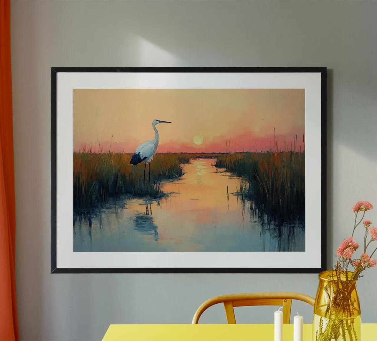 Cicogna Fauvismo Natura Paesaggio Fiume poster con telaio in plastica da Euphoria Theresa