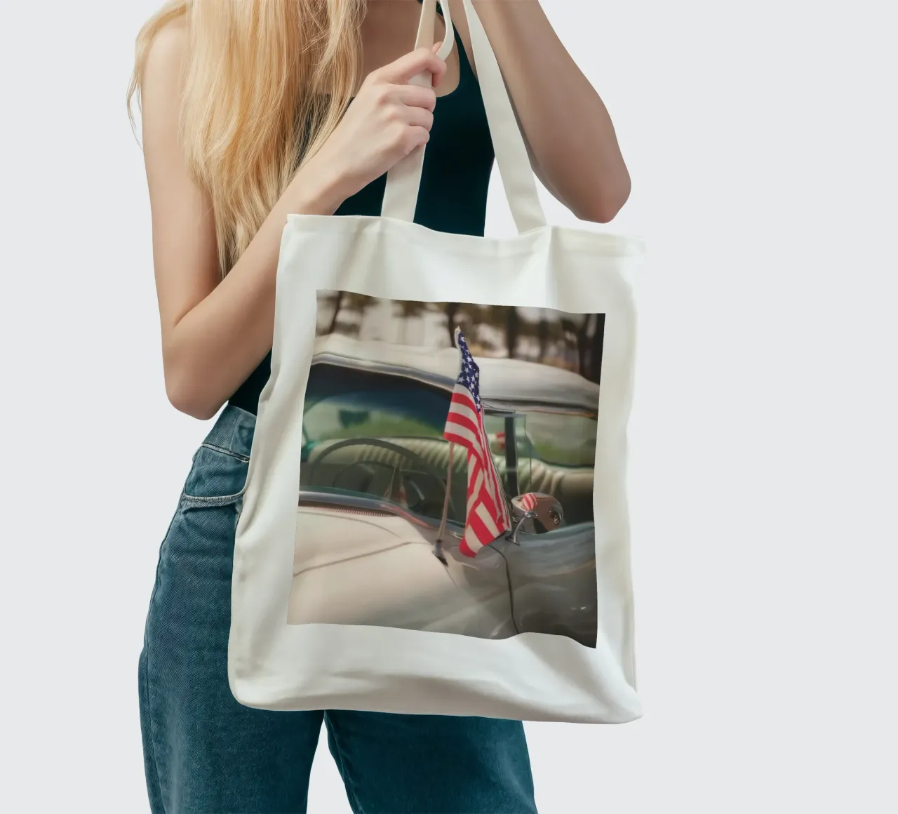 Car with Stars and Stripes flag tote bag by Dave Hare Photography