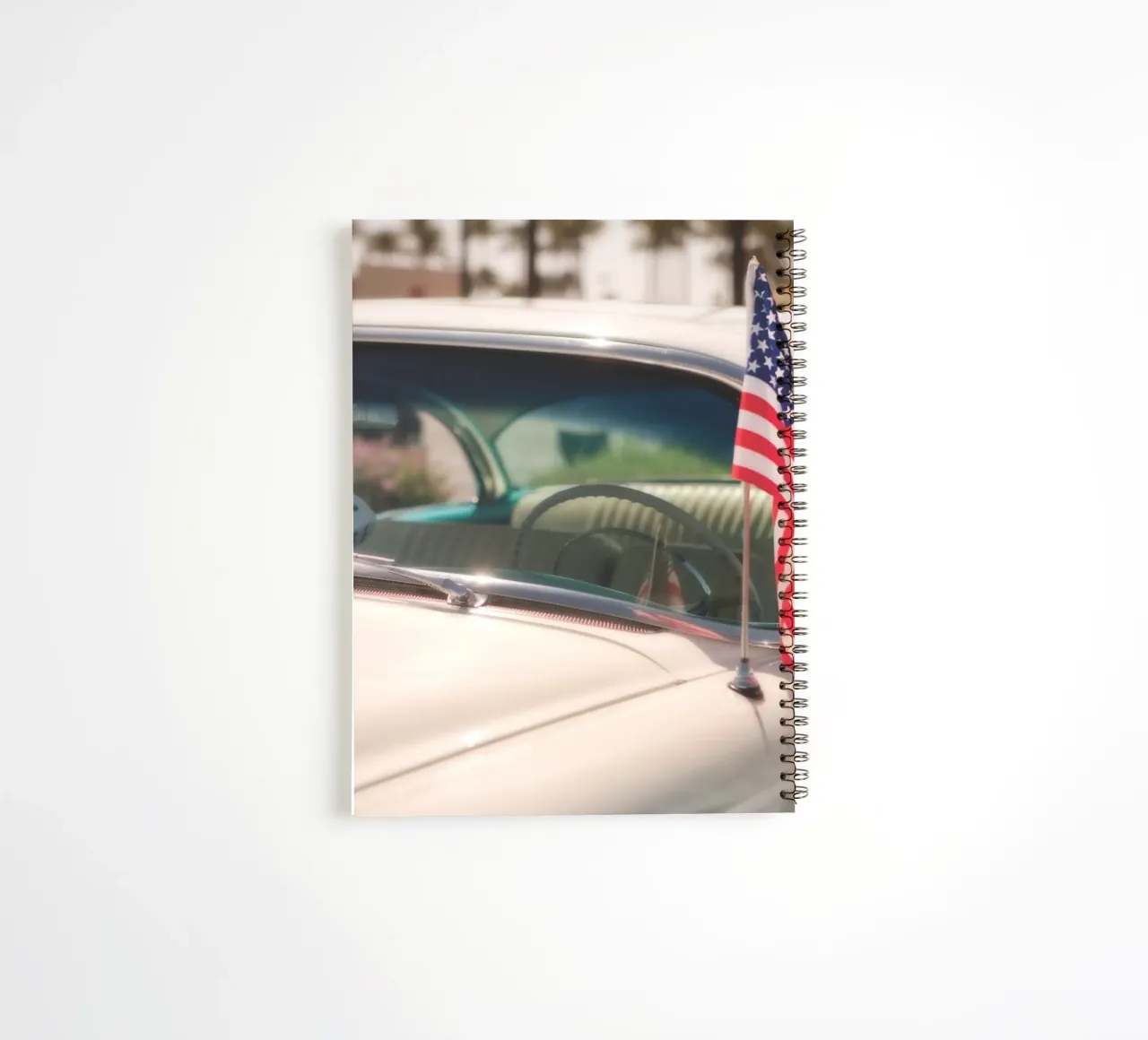 Car with Stars and Stripes flag spiral notebook by Dave Hare Photography