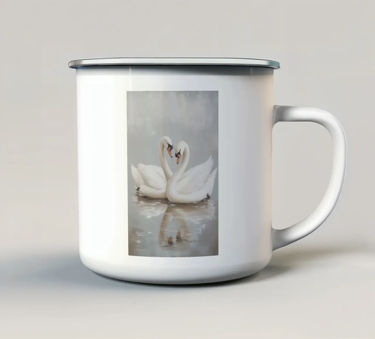 Elegante coppia di cigni in acque serene tazza in smalto da Melloi Art Print