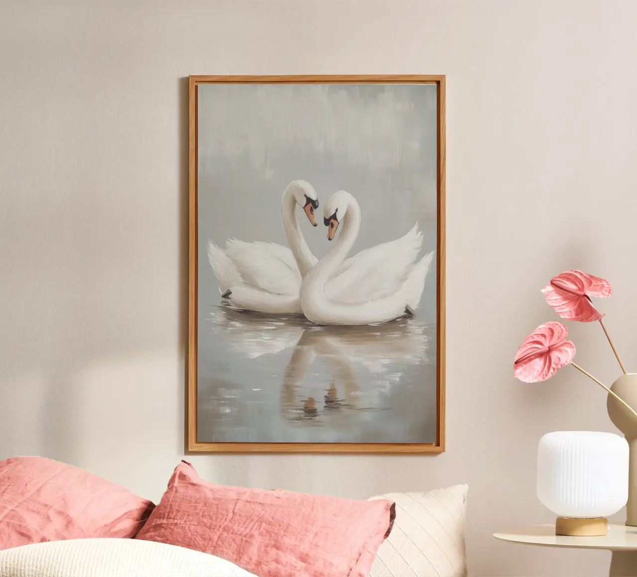 Elegante coppia di cigni in acque serene alluminio dibond da Melloi Art Print