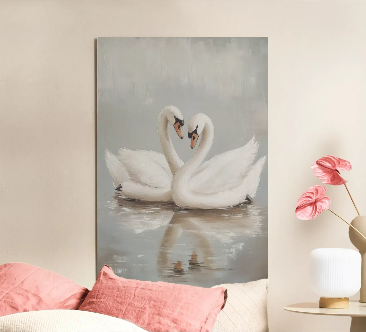 Elegante coppia di cigni in acque serene alluminio dibond da Melloi Art Print