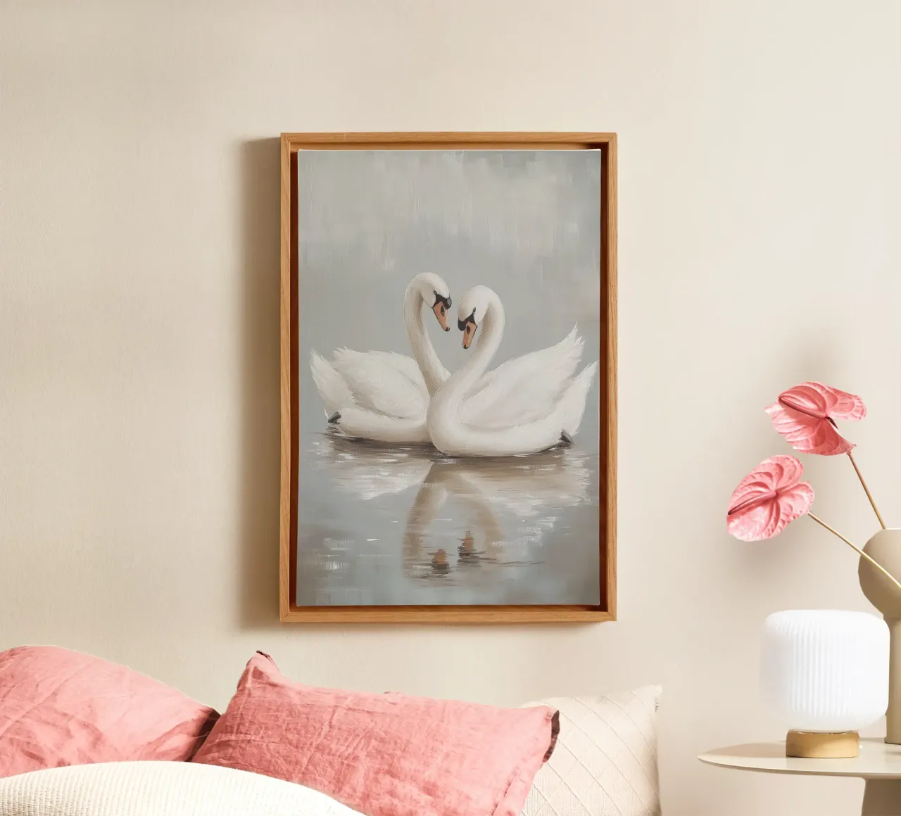 Elegant Swan Pair in Serene Waters canvas by Melloi Art Print