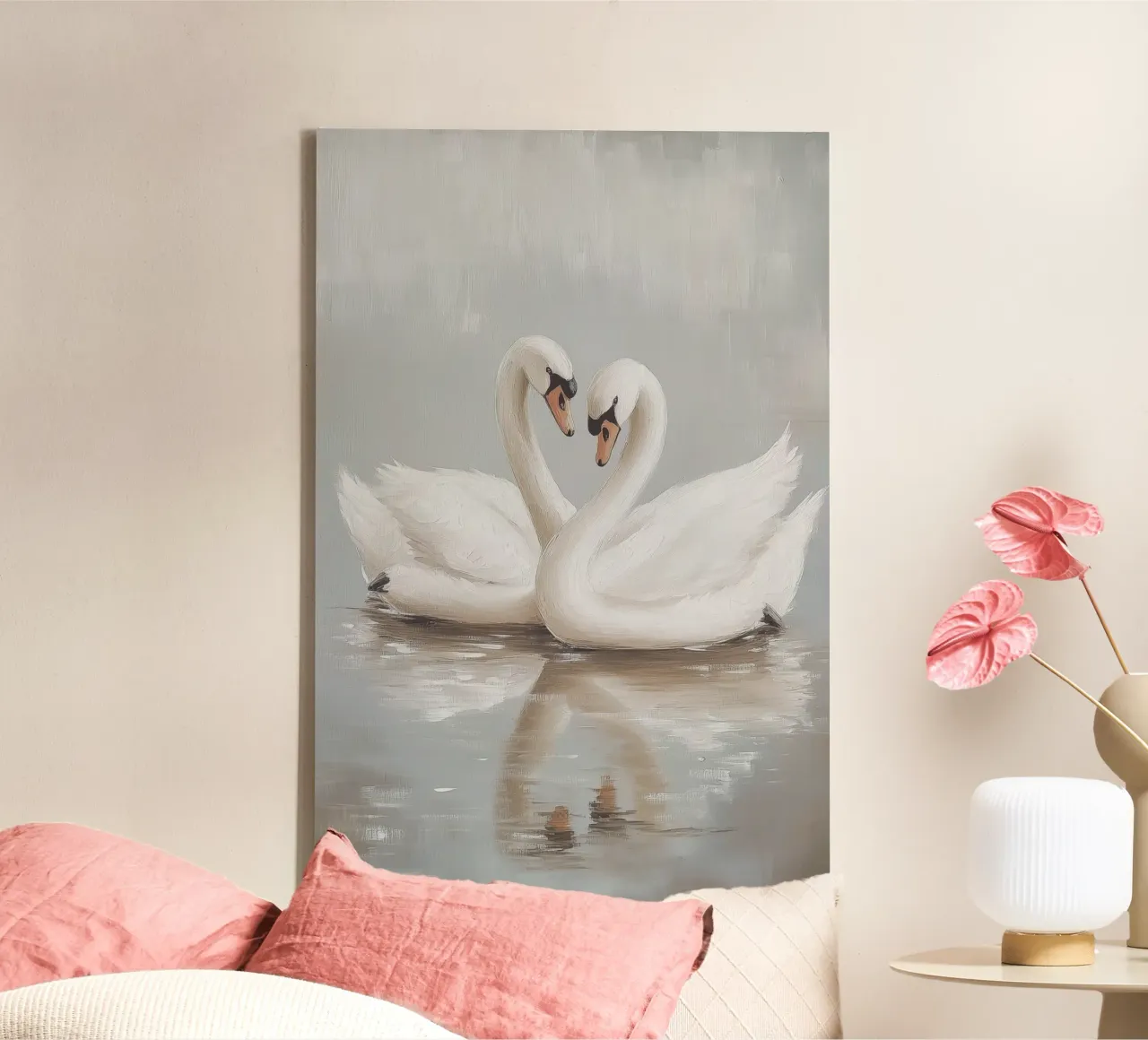 Elegant Swan Pair in Serene Waters canvas by Melloi Art Print