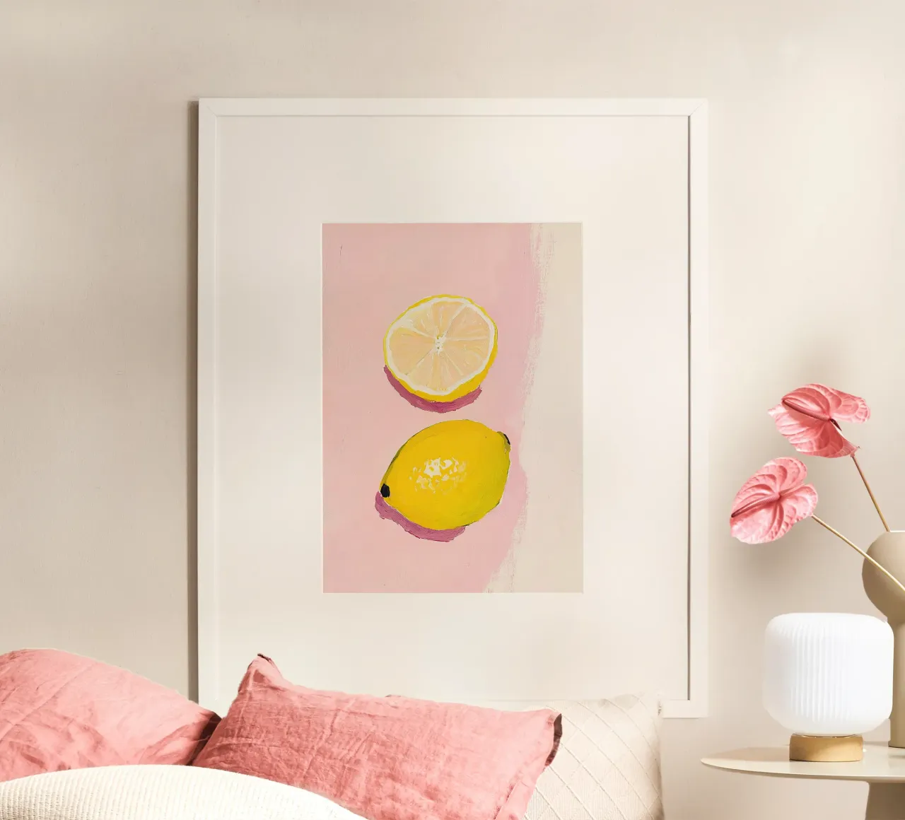Limone Frutta Pittura Preppy Rosa Dopamina poster con telaio in alluminio da Euphoria Theresa