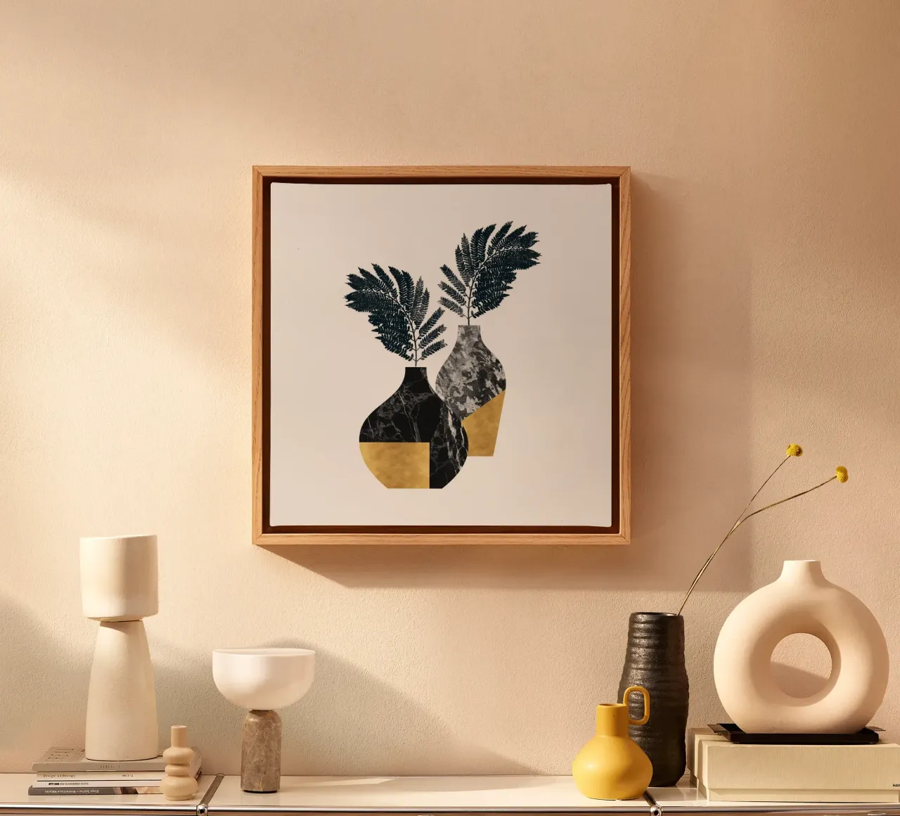 Modern Vase Botanical - Black Marble and Gold Leaf Design canvas with Floater frame by kookiepixel