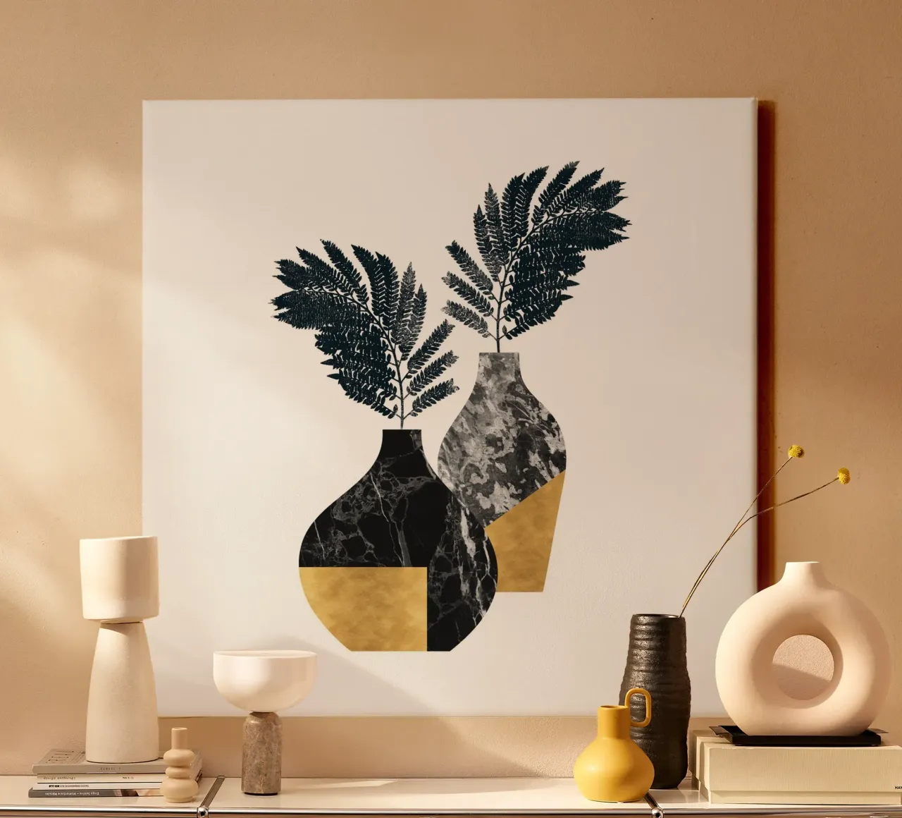 Modern Vase Botanical - Black Marble and Gold Leaf Design canvas with Floater frame by kookiepixel