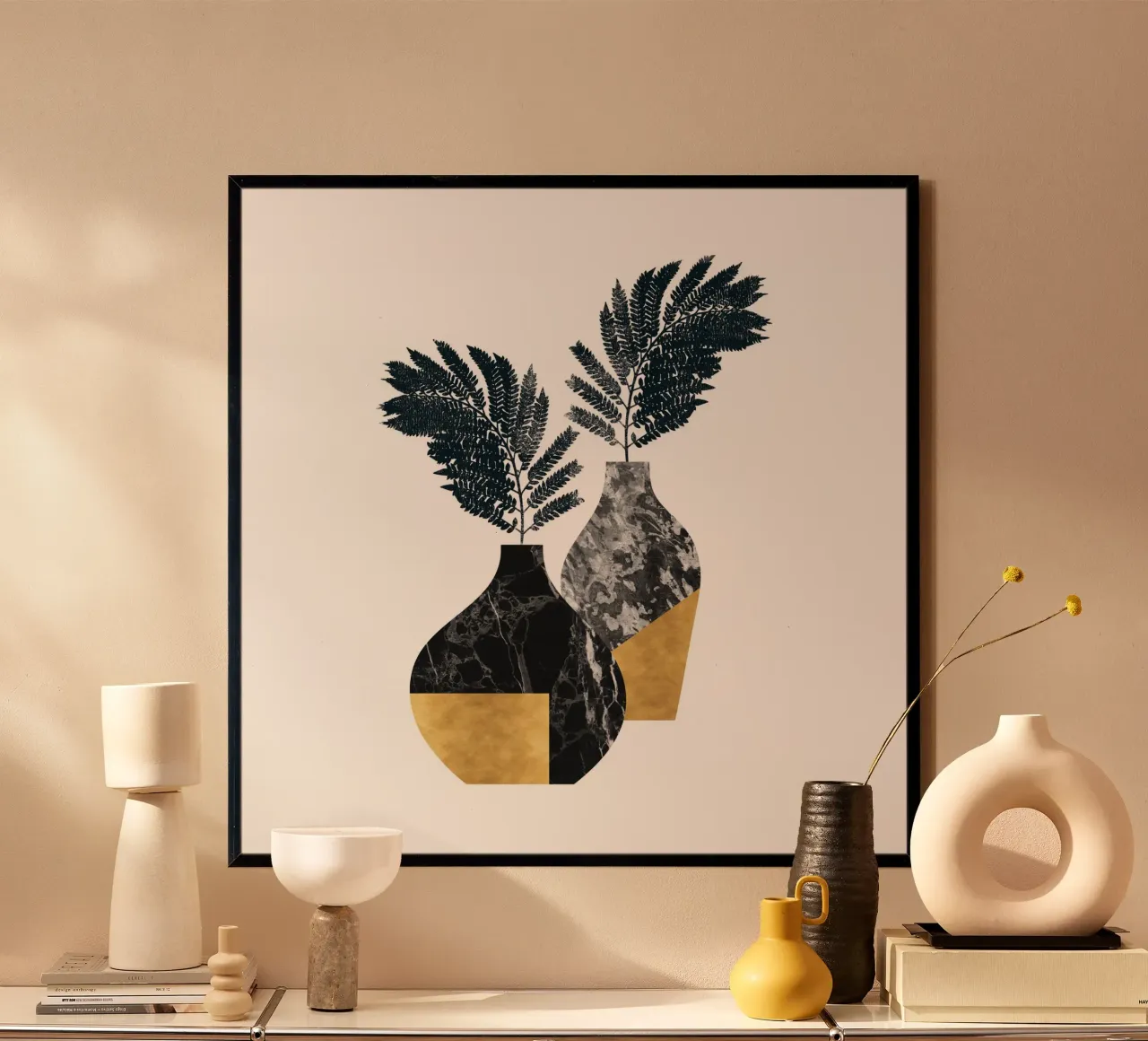 Moderne Vase Botanical - Schwarzer Marmor und Blattgold Design Poster mit Kunststoffrahmen von kookiepixel