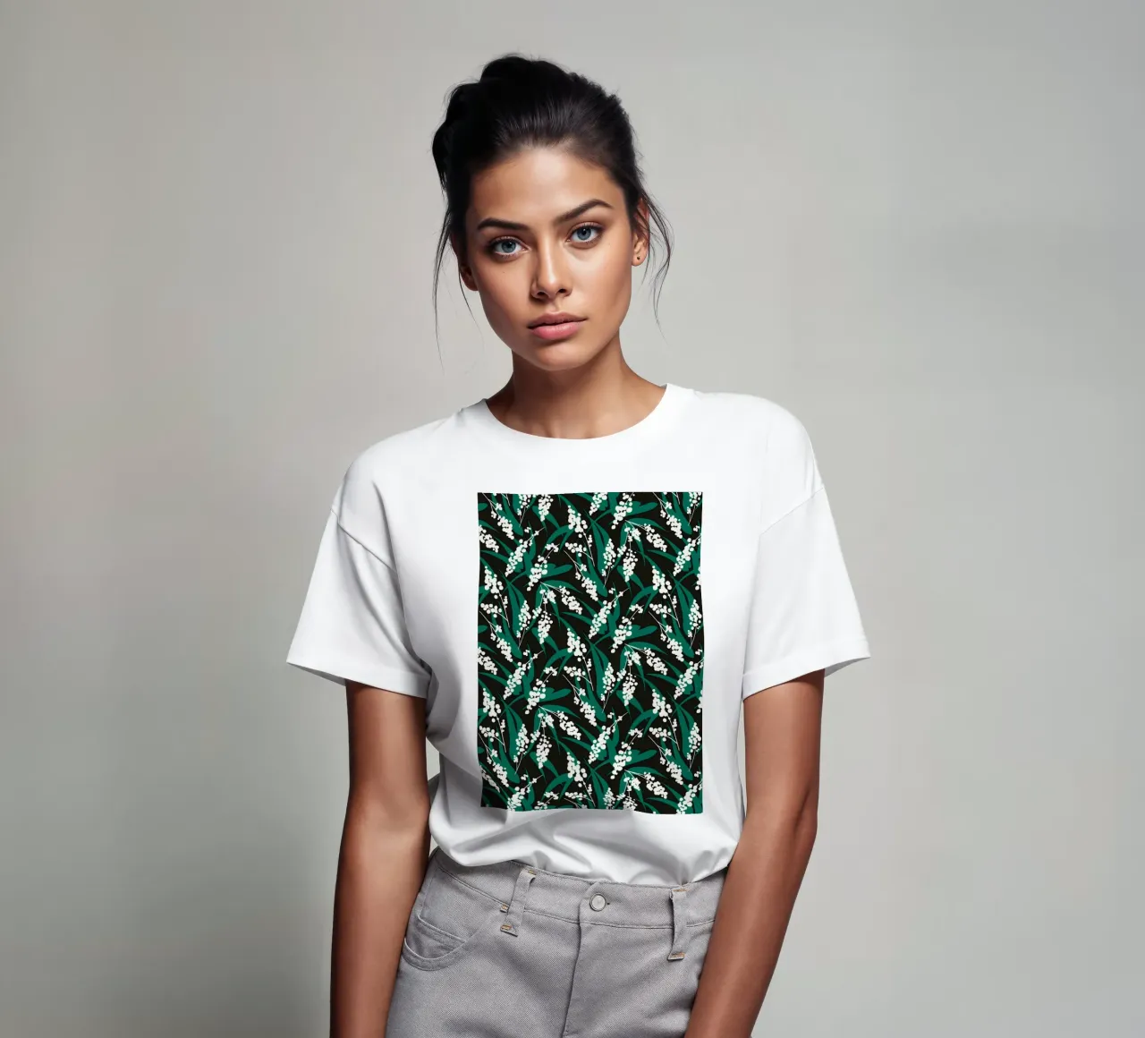 Woodland Foliage – Botanical pattern in Green and white t-shirt by kookiepixel