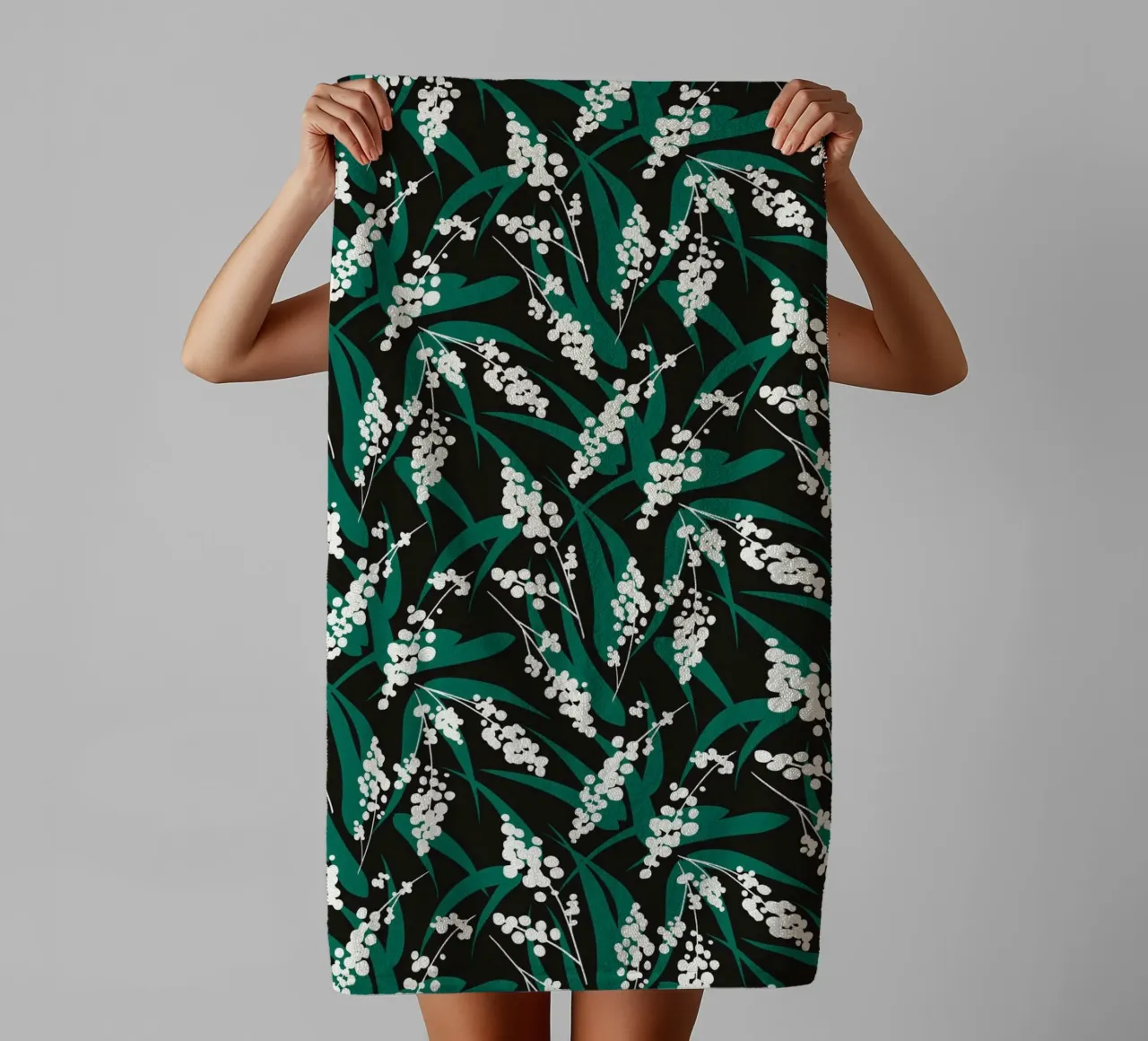 Woodland Foliage – Botanical pattern in Green and white towel by kookiepixel