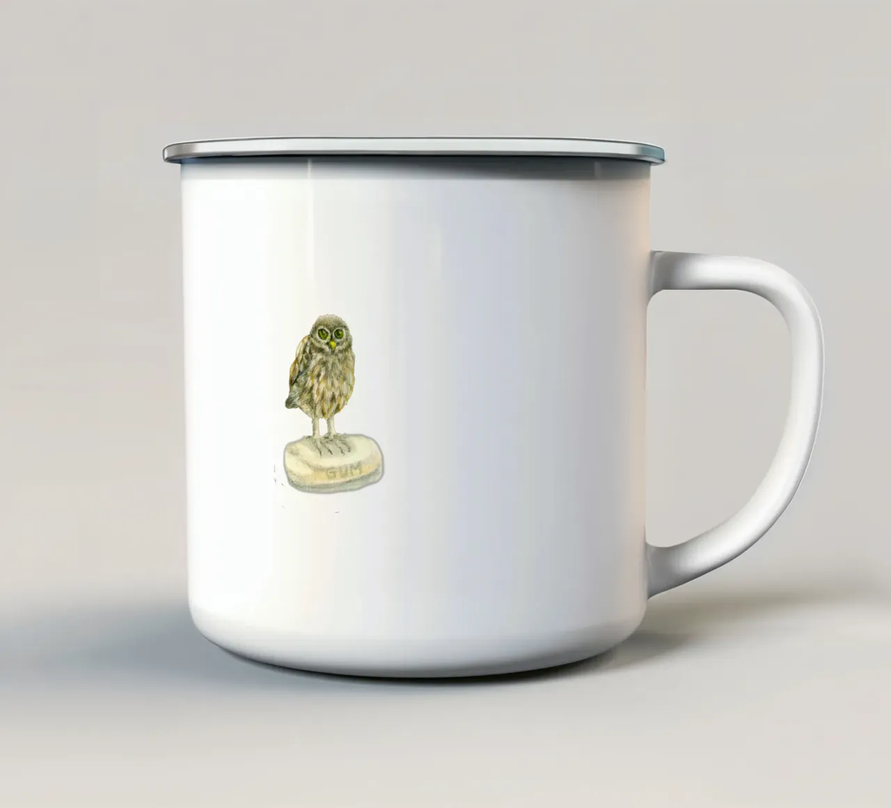 Illustrazione di un piccolo gufo: Arte ad acquerello su gomma tazza in smalto da Studio Patruschka