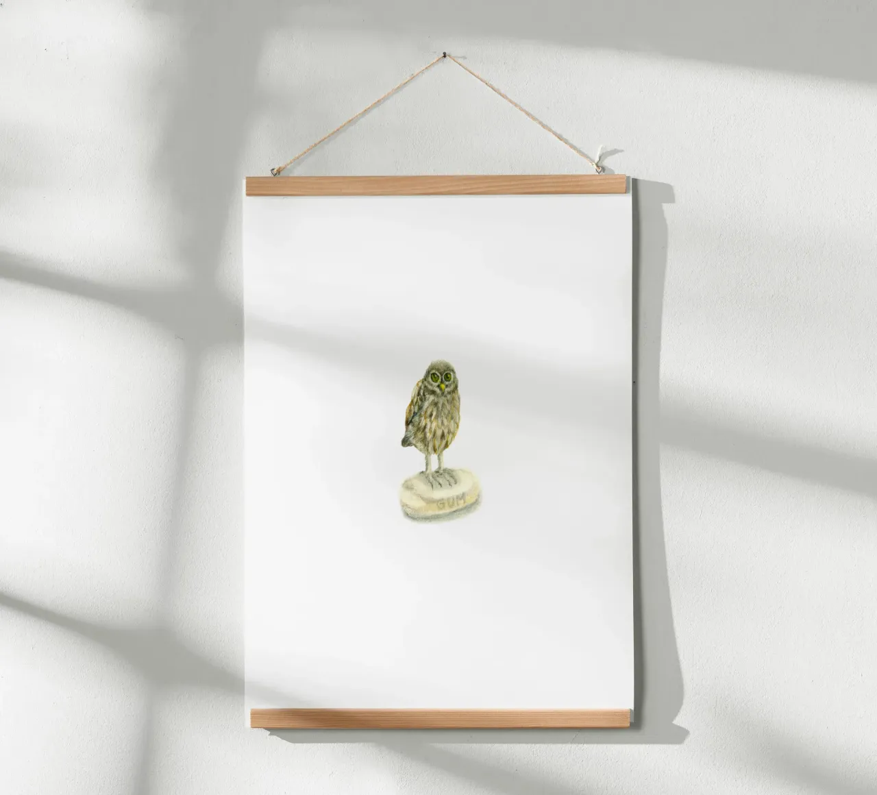 Tiny Owl Illustration: Watercolor Art on Eraser poster with aluminum frame by Studio Patruschka