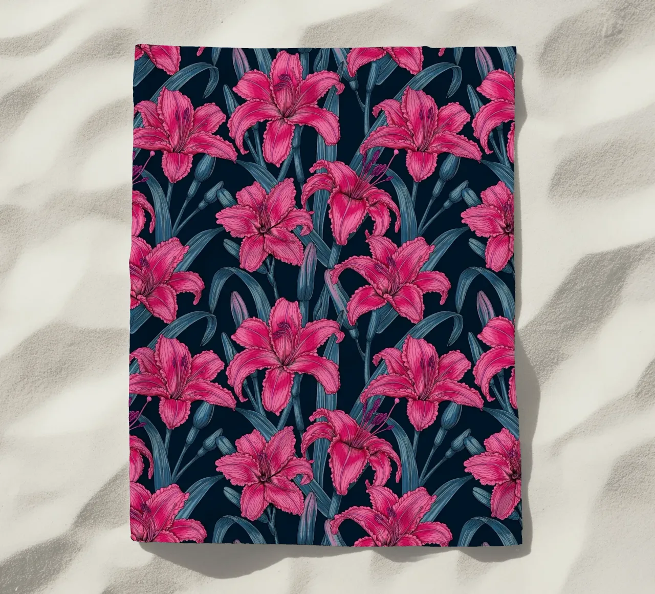 Pink lily flowers beach towel by Painted Nature