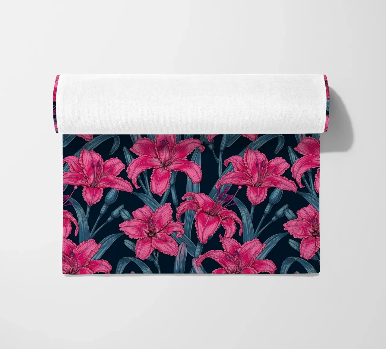 Pink lily flowers beach towel by Painted Nature