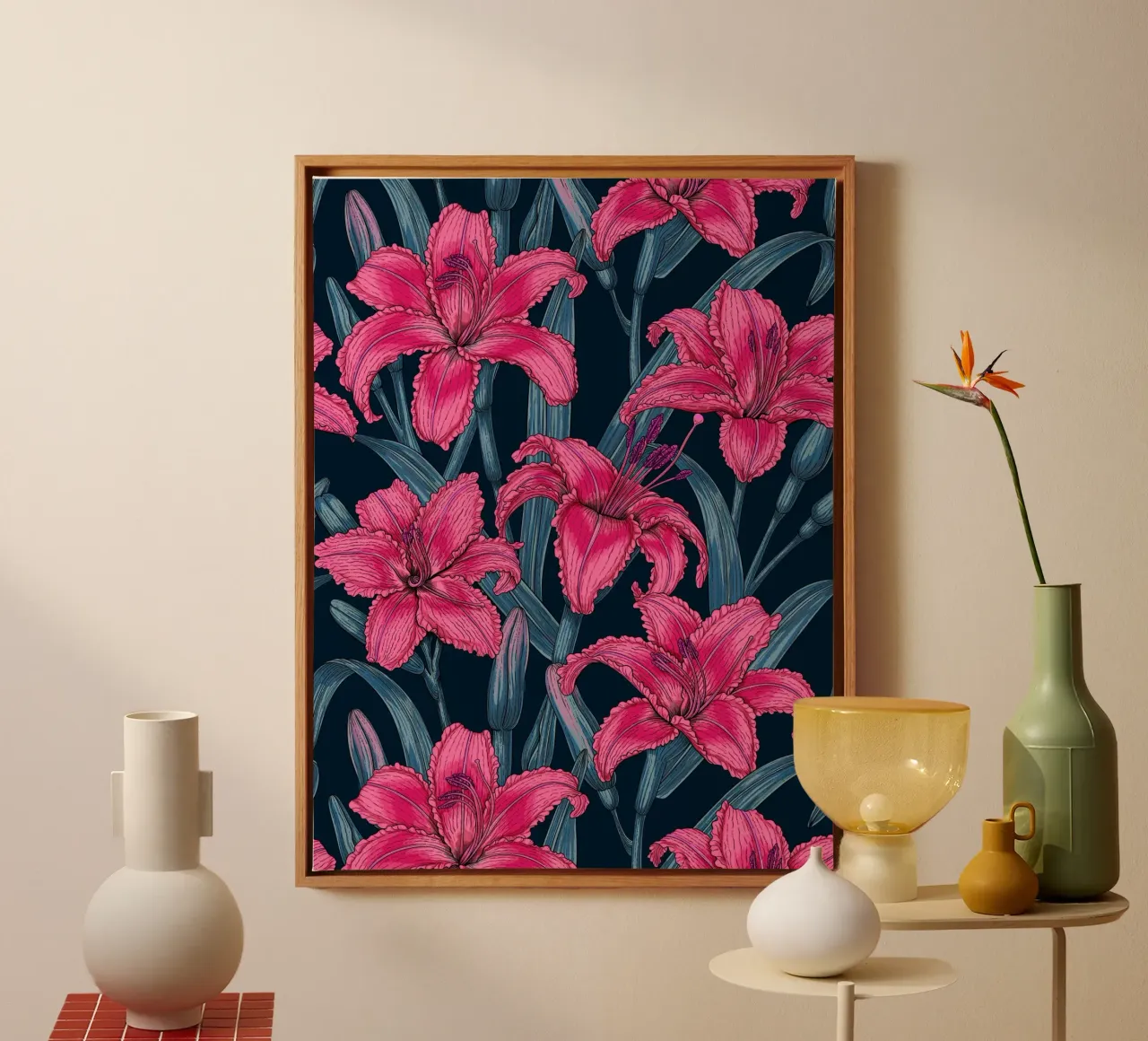 Pink lily flowers canvas with Floater frame by Painted Nature