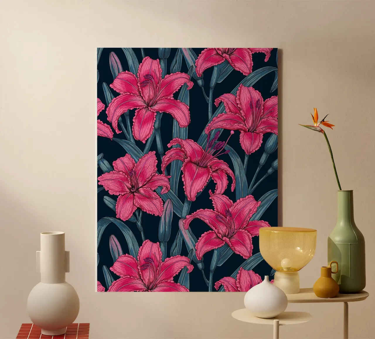 Pink lily flowers canvas with Floater frame by Painted Nature