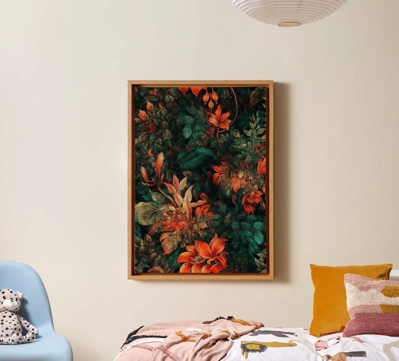 Flowers and leaves pattern canvas with Floater frame by Justyna Jaszke JBJart