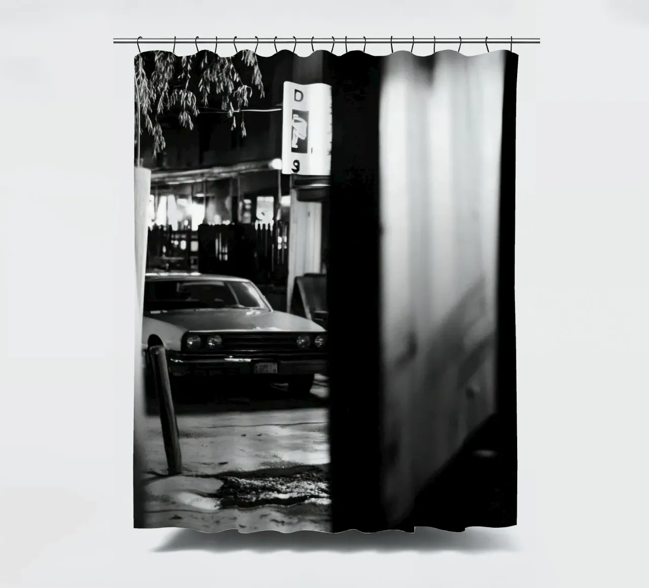 Refuge nocturne shower curtain by Black & White