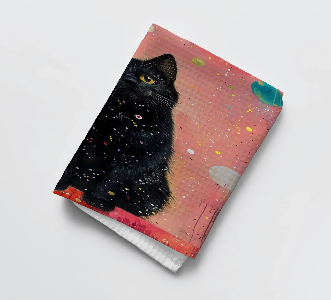 Black cat animal art tea towel by Justyna Jaszke JBJart